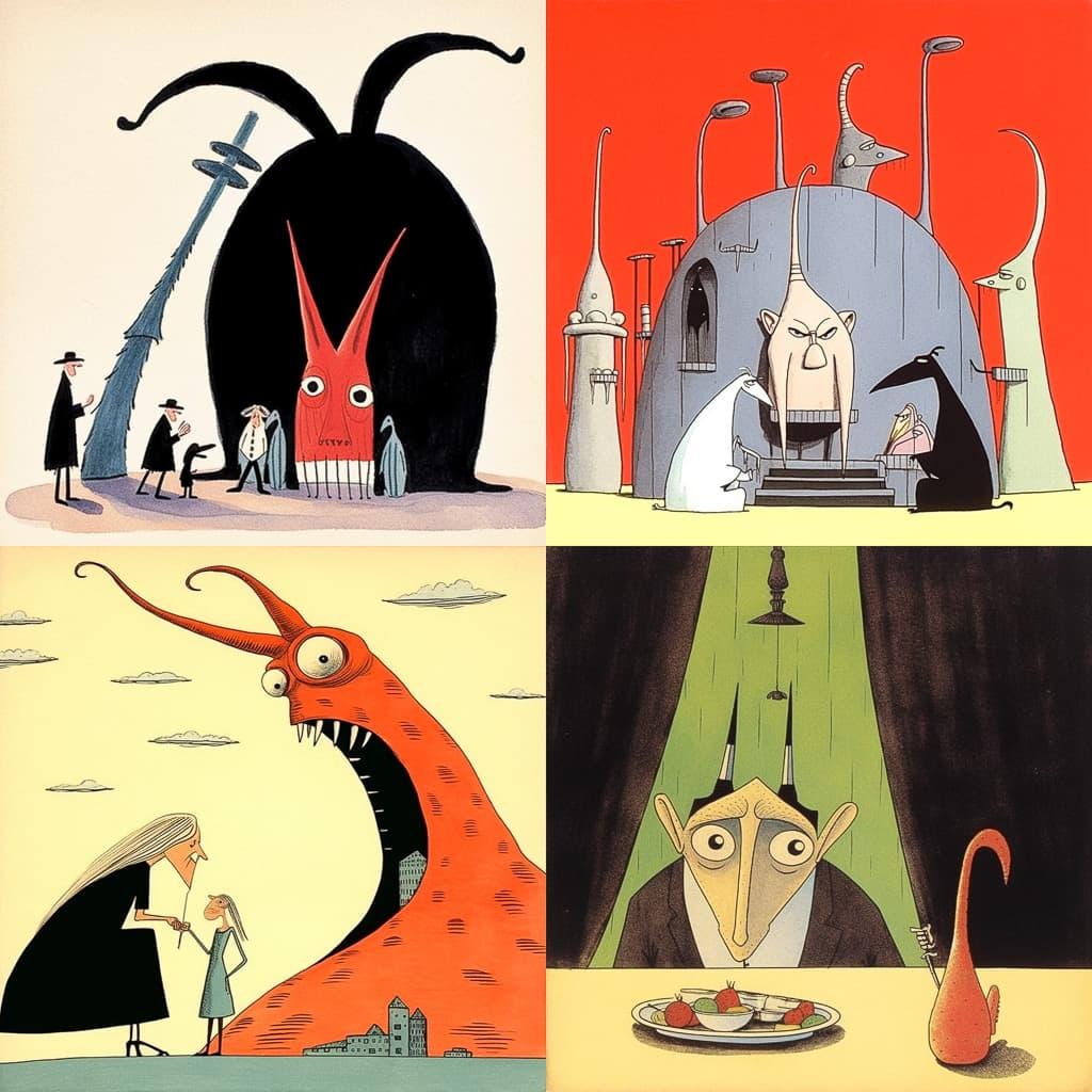 Tomi Ungerer style, Midjourney V5.1, render 1 of 4