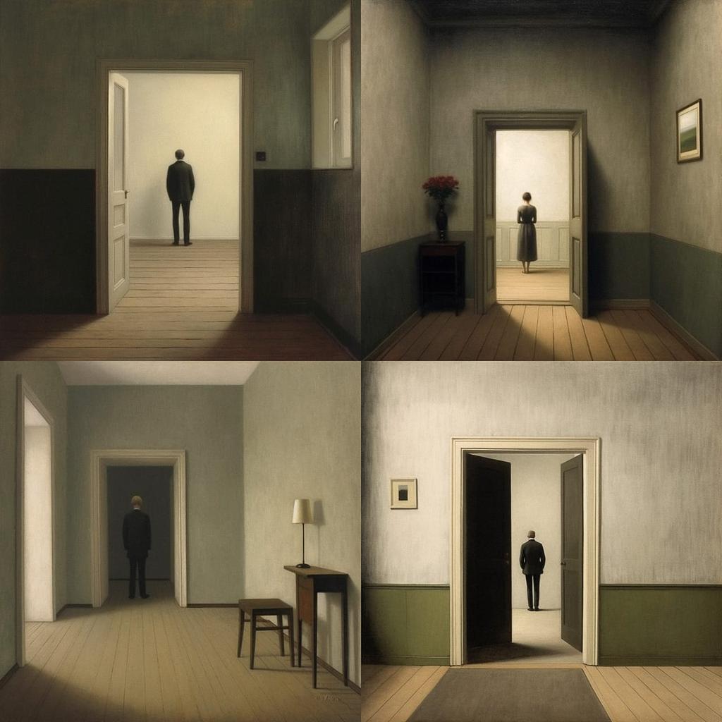 Vilhelm Hammershoi style, Midjourney V5.1, render 1 of 4
