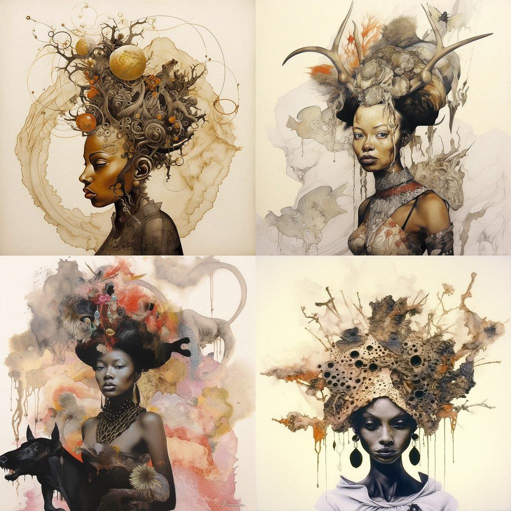 Wangechi Mutu style, Midjourney V5.1, render 1 of 4