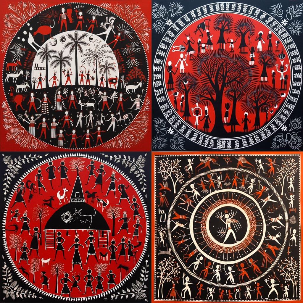 Warli painting style, Midjourney V5.1, render 1 of 4