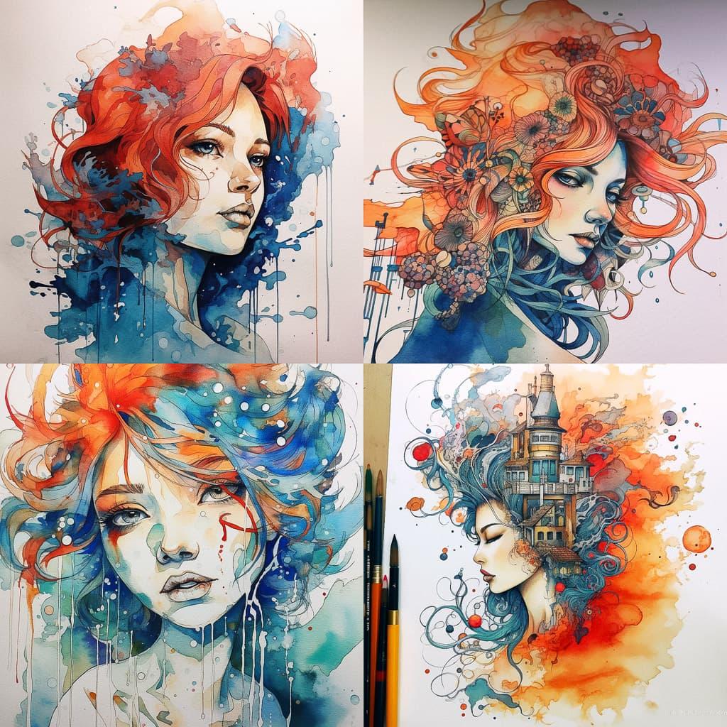 Watercolor with ink pen outline style, Midjourney V5.1, render 1 of 4