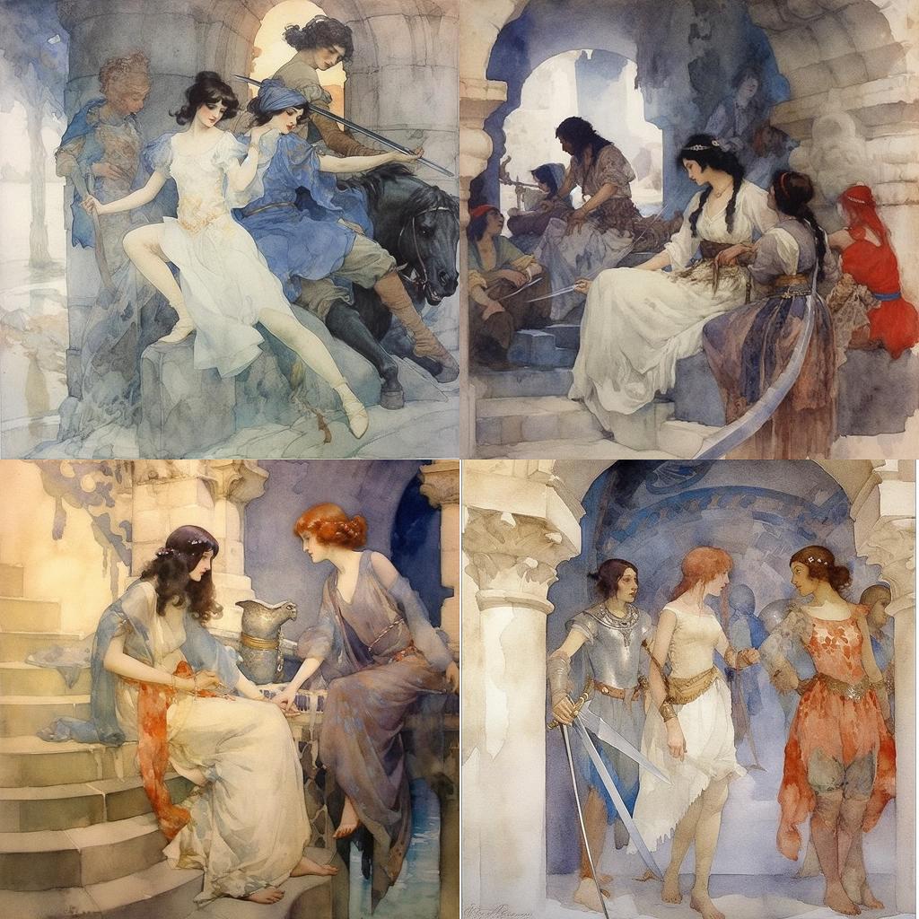 William Russell Flint style, Midjourney V5.1, render 1 of 4