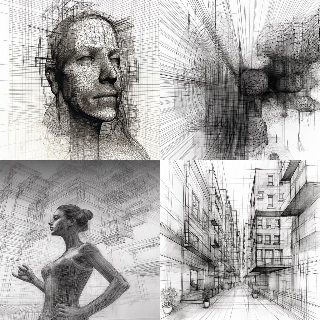 Wireframe drawing style, Midjourney V5.1, render 1 of 4