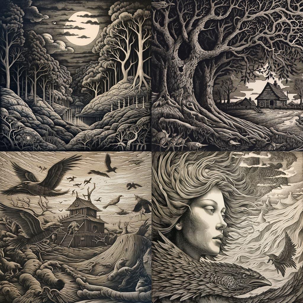 Wood engraving style, Midjourney V5.1, render 1 of 4