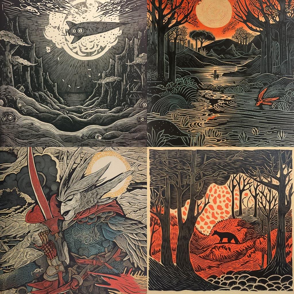 Woodblock print style, Midjourney V5.1, render 1 of 4