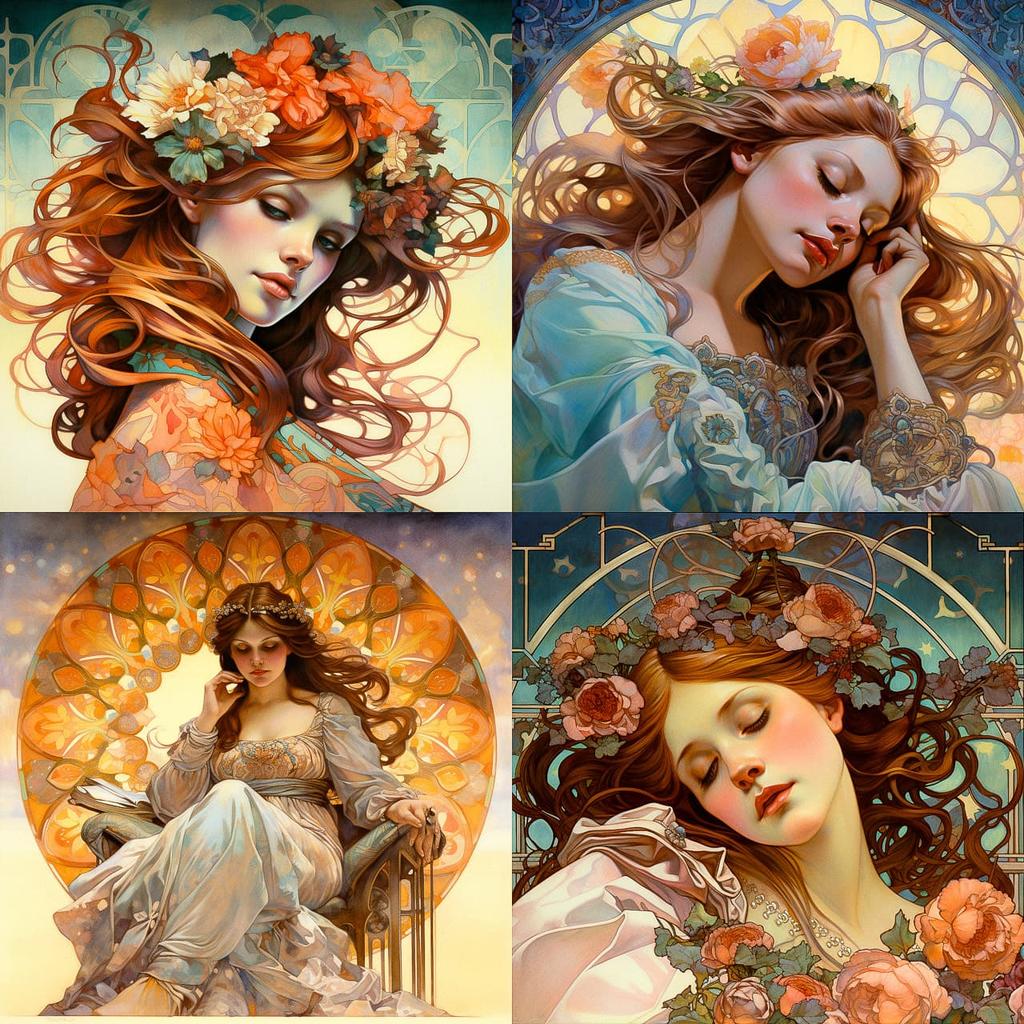 Alphonse Mucha style, Midjourney V5.2, render 1 of 4