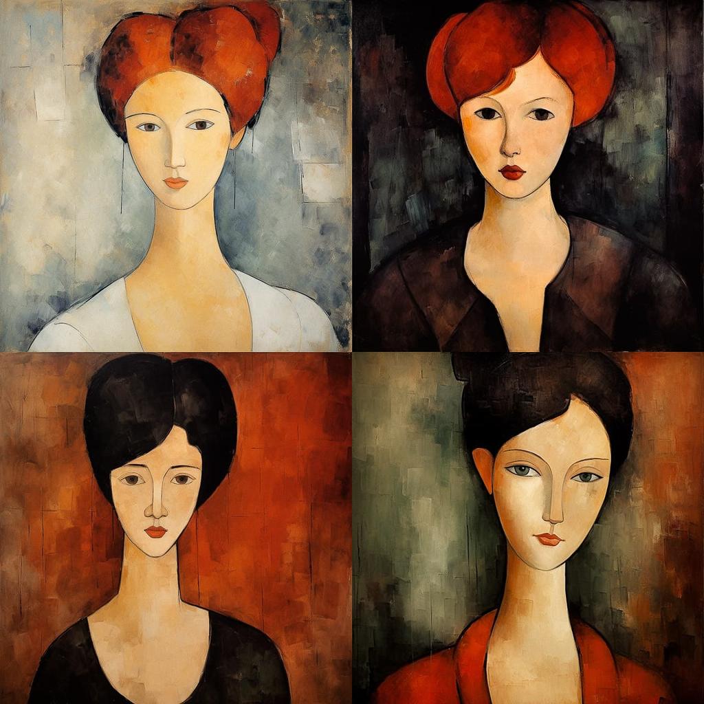 Amedeo Modigliani style, Midjourney V5.2, render 1 of 4