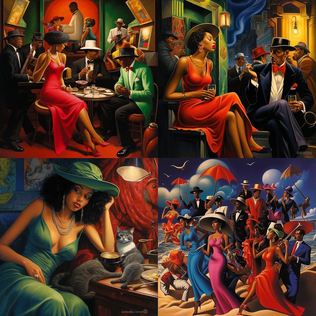 Archibald Motley style, Midjourney V5.2, render 1 of 4