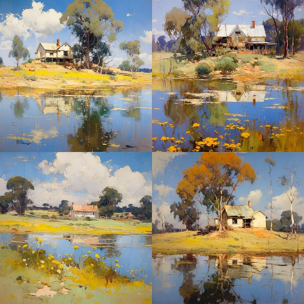 Arthur Streeton style, Midjourney V5.2, render 1 of 4