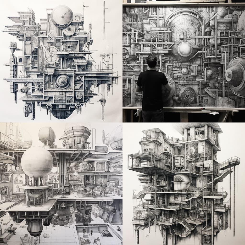 Assembly drawing style, Midjourney V5.2, render 1 of 4