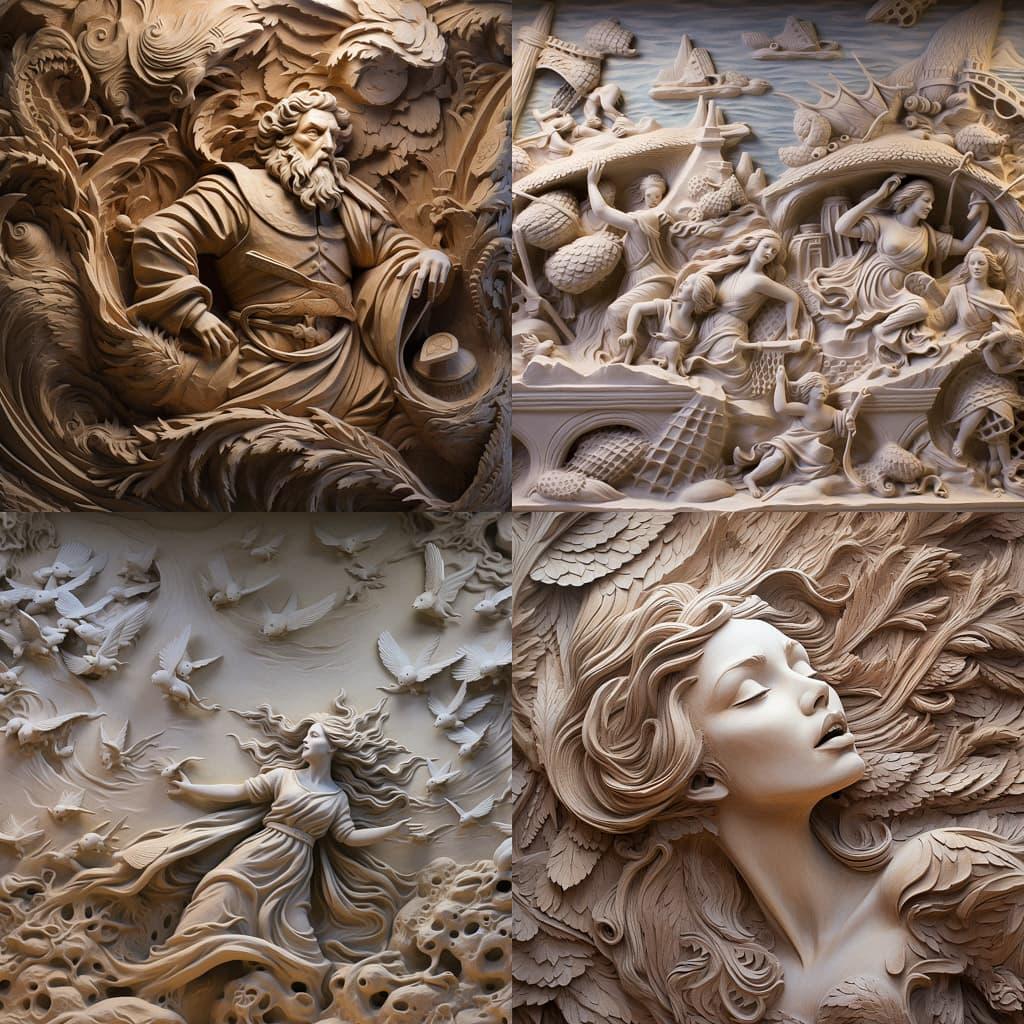 Bas-relief style, Midjourney V5.2, render 1 of 4