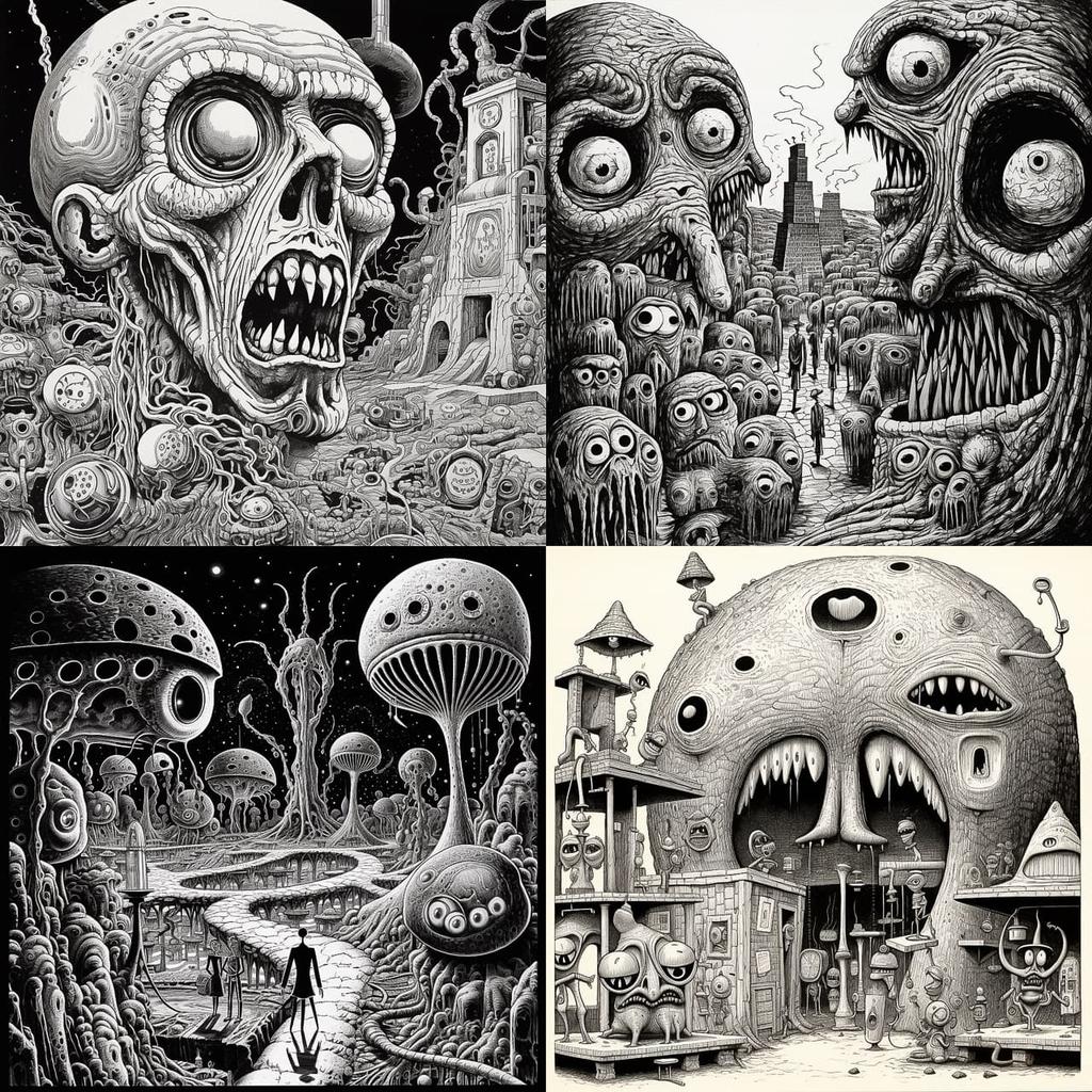 Basil Wolverton style, Midjourney V5.2, render 1 of 4
