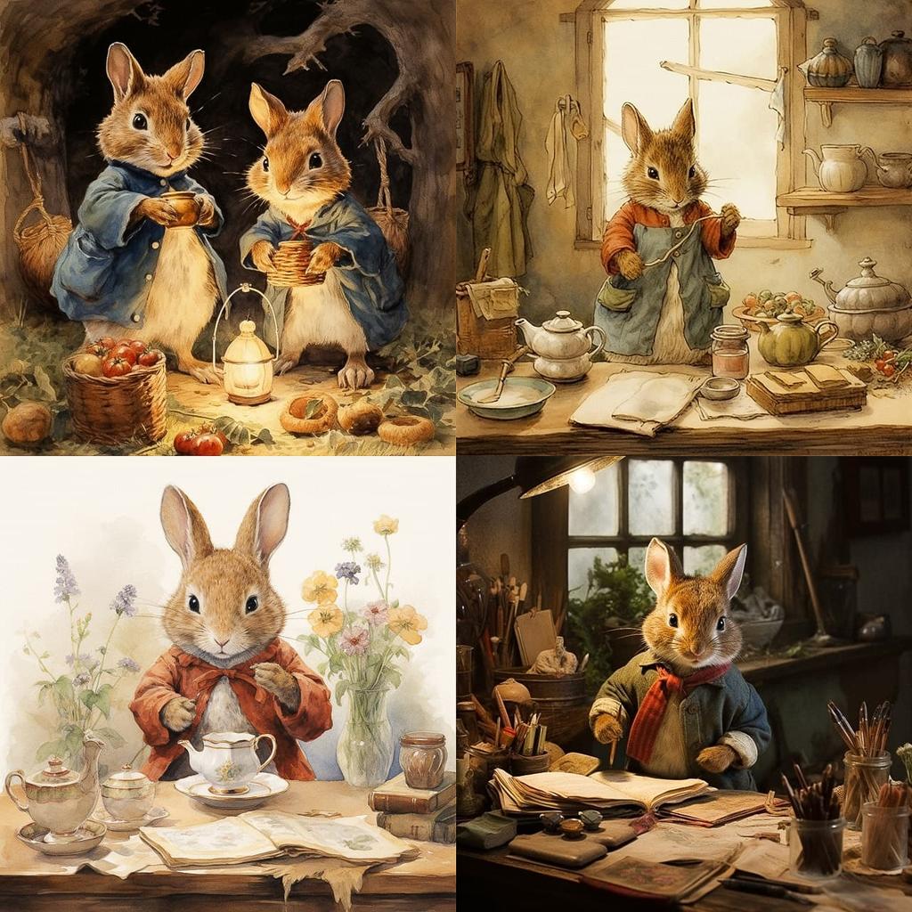 Beatrix Potter style, Midjourney V5.2, render 1 of 4