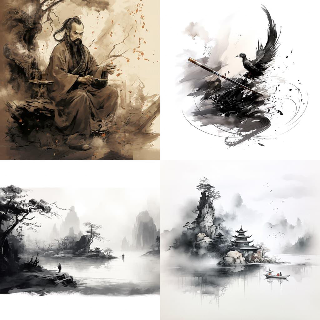 Chinese ink brush style, Midjourney V5.2, render 1 of 4