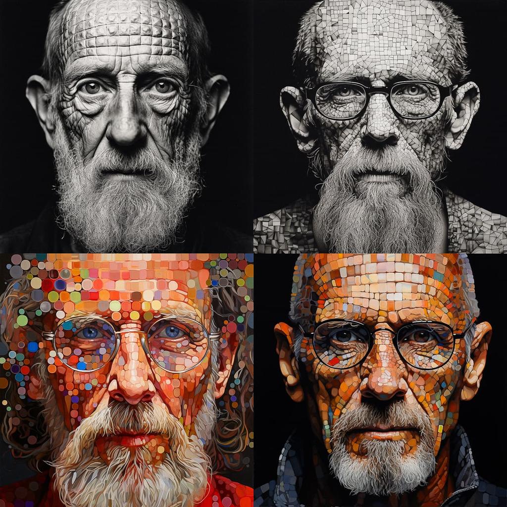Chuck Close style, Midjourney V5.2, render 1 of 4