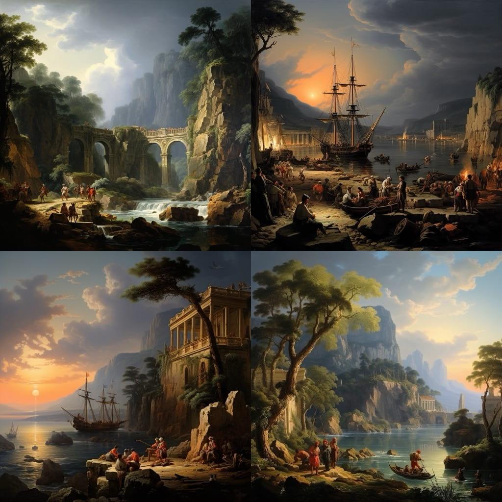Claude-Joseph Vernet style, Midjourney V5.2, render 1 of 4