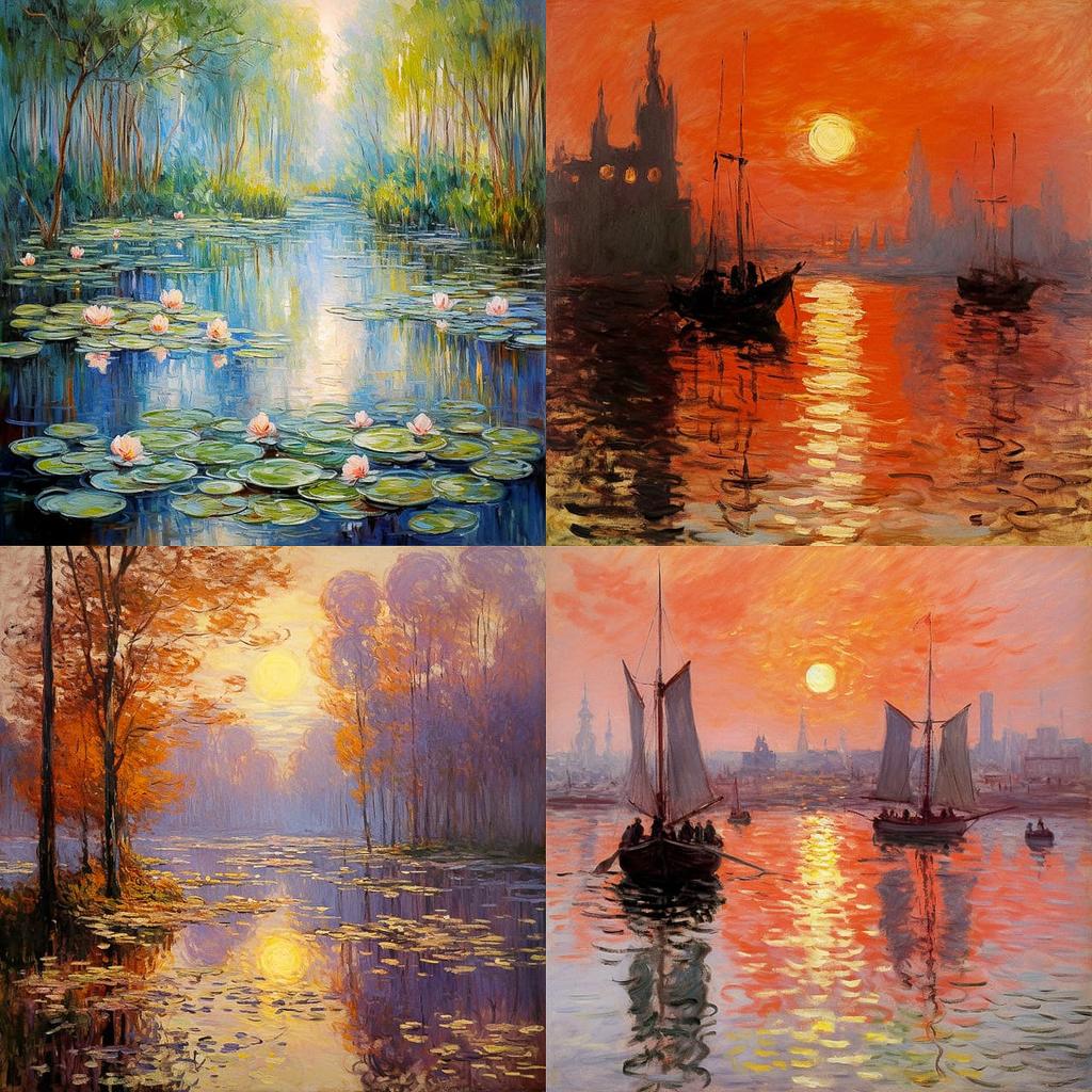 Claude Monet style, Midjourney V5.2, render 1 of 4