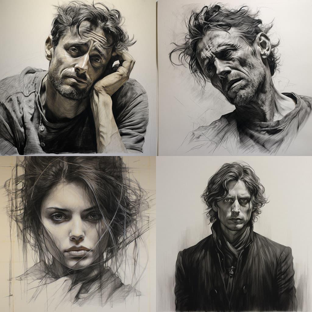 Conte drawing style, Midjourney V5.2, render 1 of 4