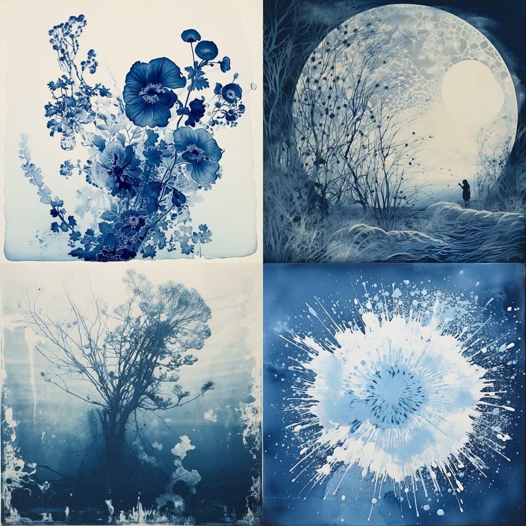 Cyanotype print style, Midjourney V5.2, render 1 of 4