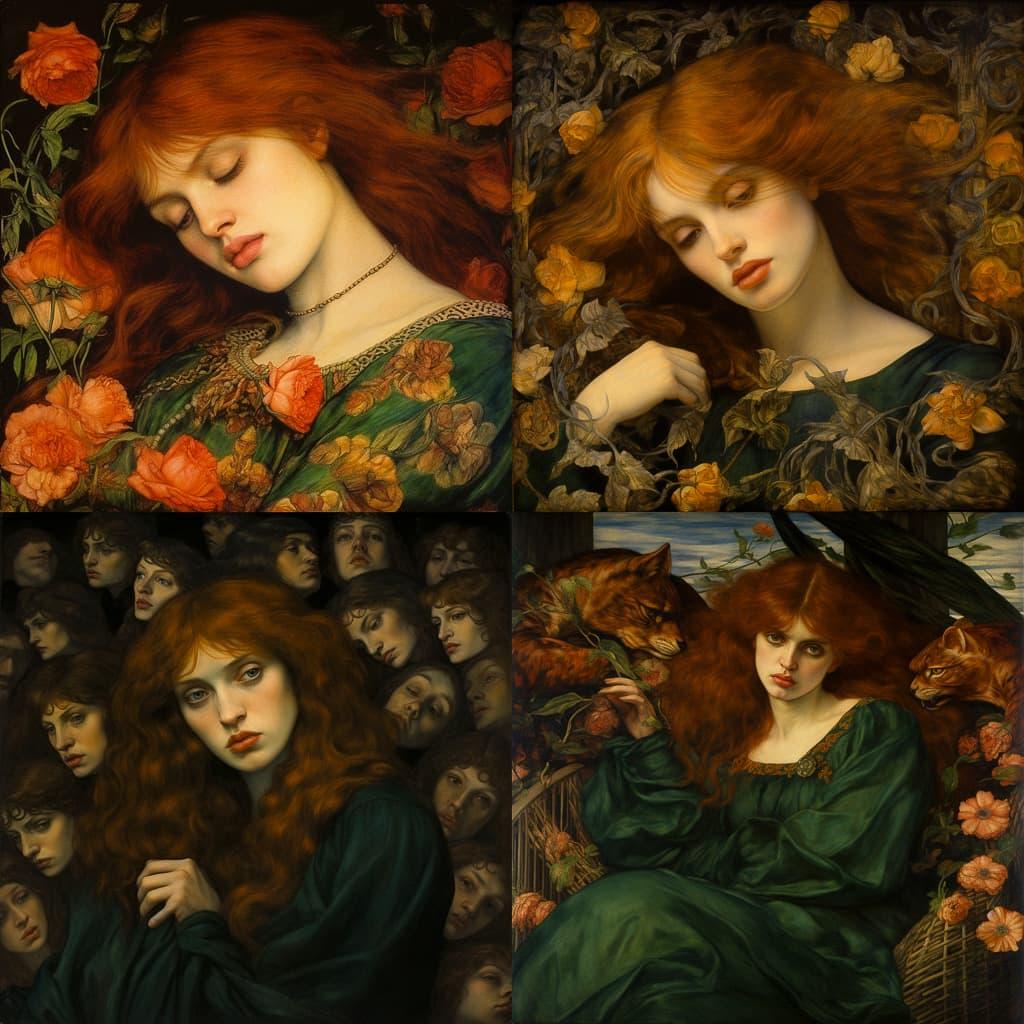 Dante Gabriel Rossetti style, Midjourney V5.2, render 1 of 4
