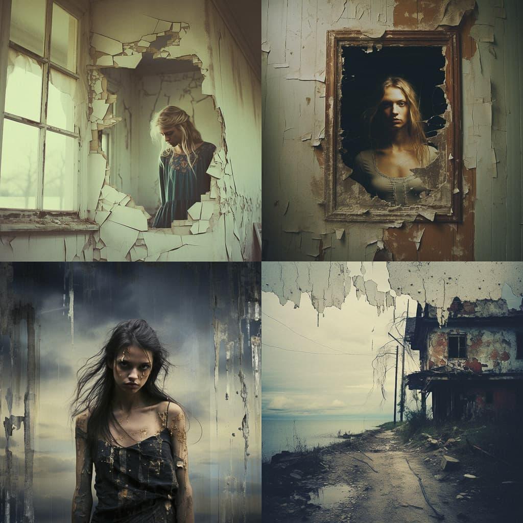 Distressed Photo style, Midjourney V5.2, render 1 of 4