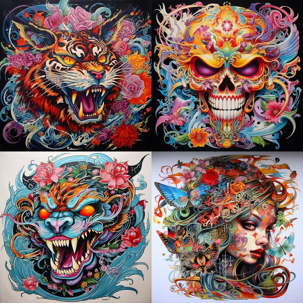 Ed Hardy style, Midjourney V5.2, render 1 of 4