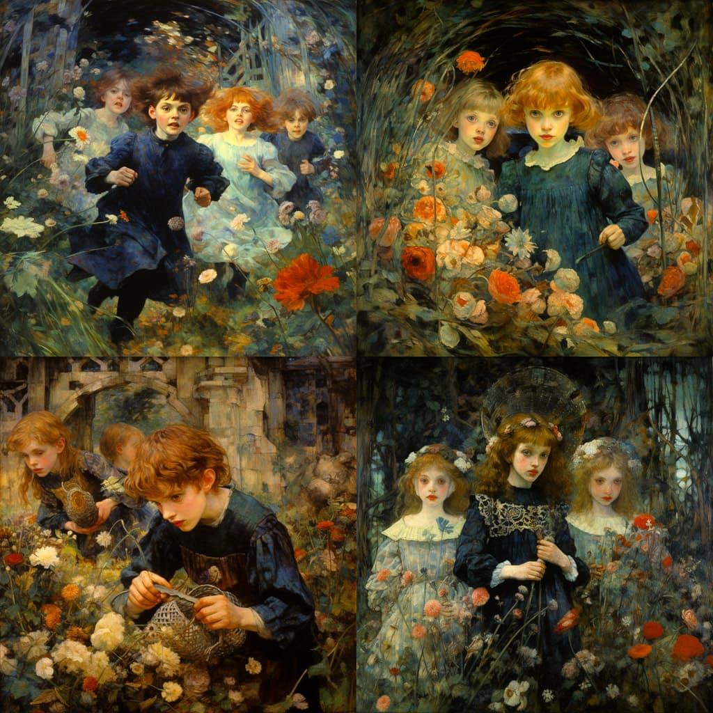 Edward Atkinson Hornel style, Midjourney V5.2, render 1 of 4