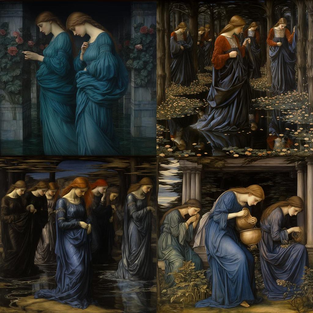 Edward Burne-Jones style, Midjourney V5.2, render 1 of 4