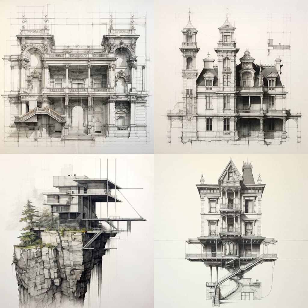 Elevation drawing style, Midjourney V5.2, render 1 of 4