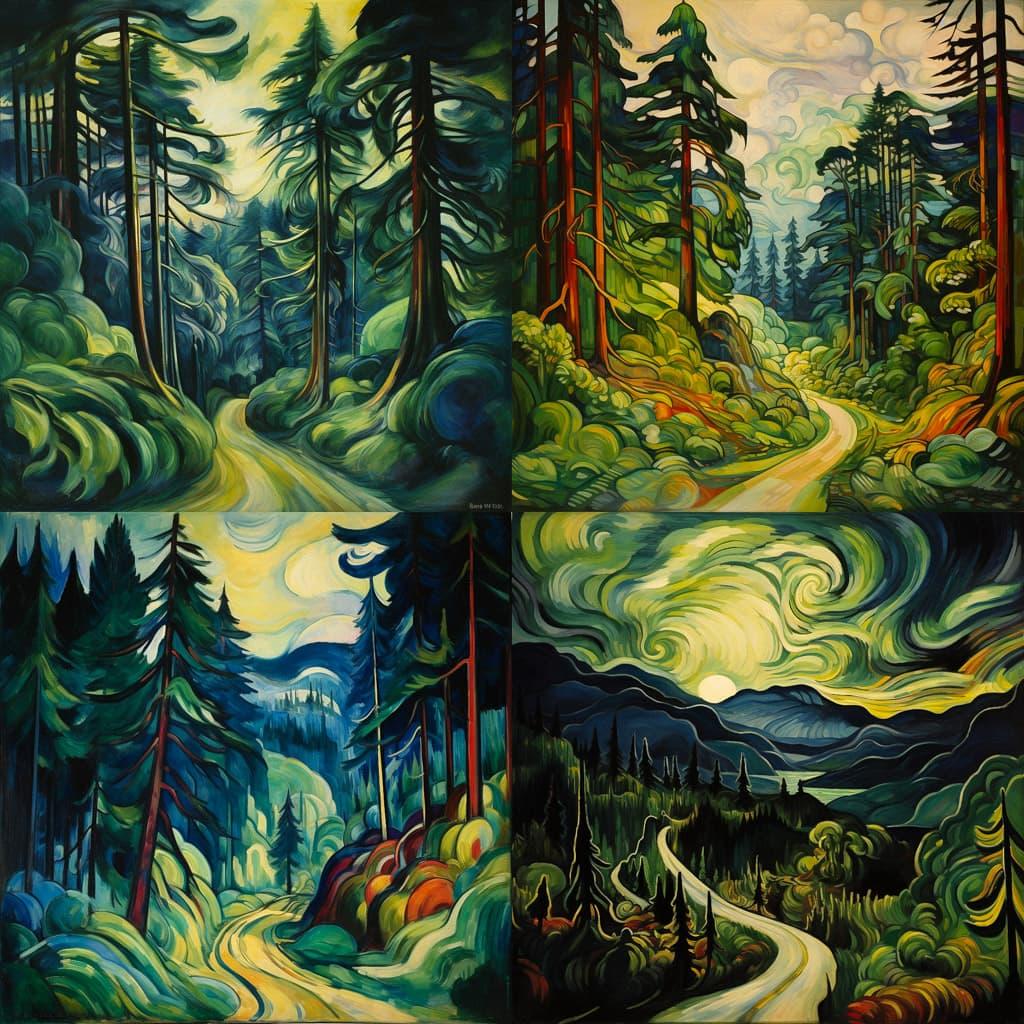 Emily Carr style, Midjourney V5.2, render 1 of 4