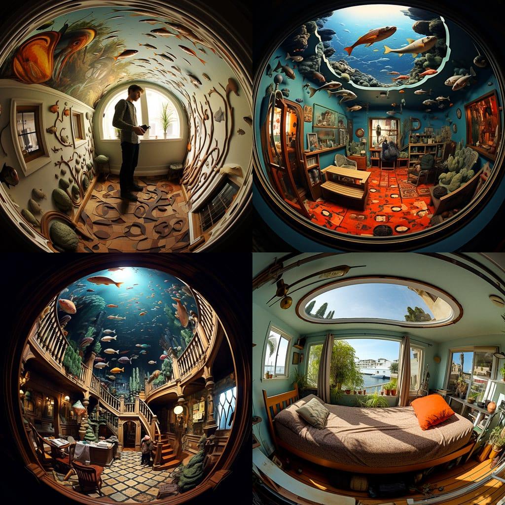 Fish-eye view style, Midjourney V5.2, render 1 of 4