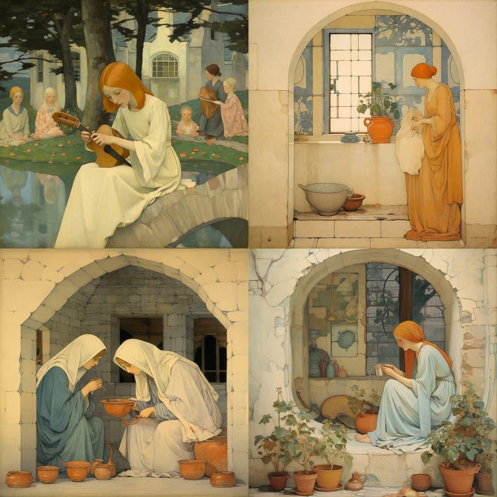 Frederick Cayley Robinson style, Midjourney V5.2, render 1 of 4