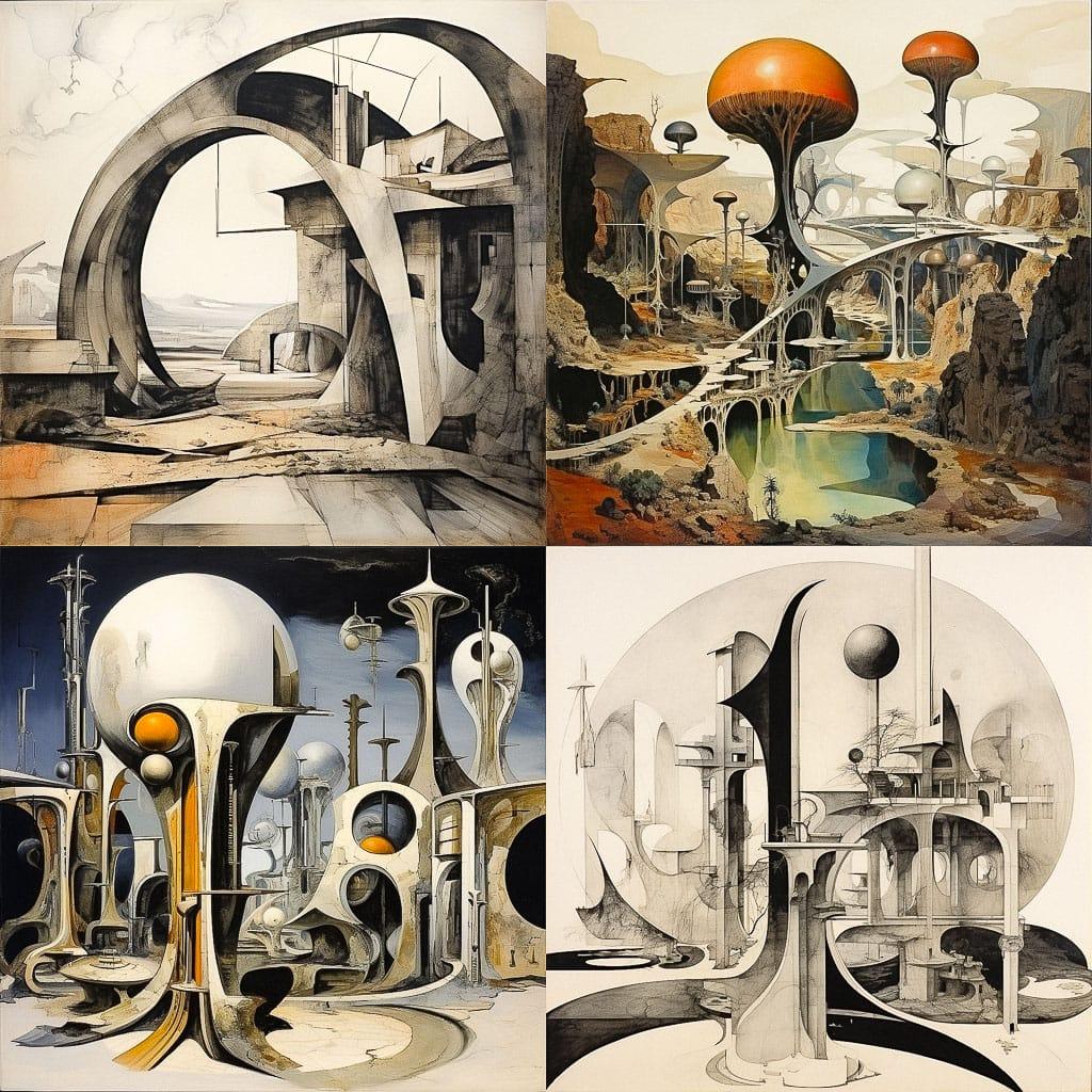 Frederick John Kiesler style, Midjourney V5.2, render 1 of 4