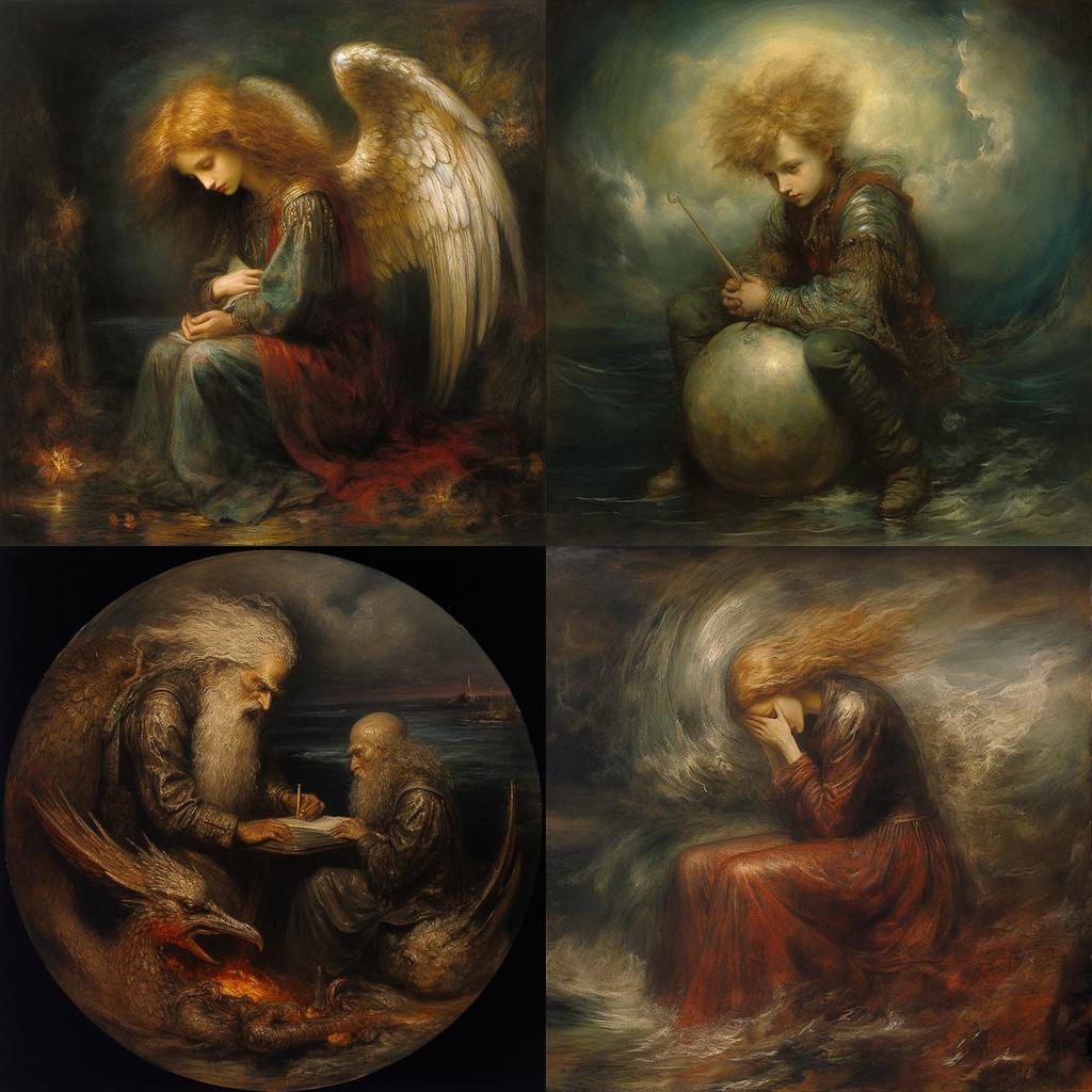 George Frederic Watts style, Midjourney V5.2, render 1 of 4