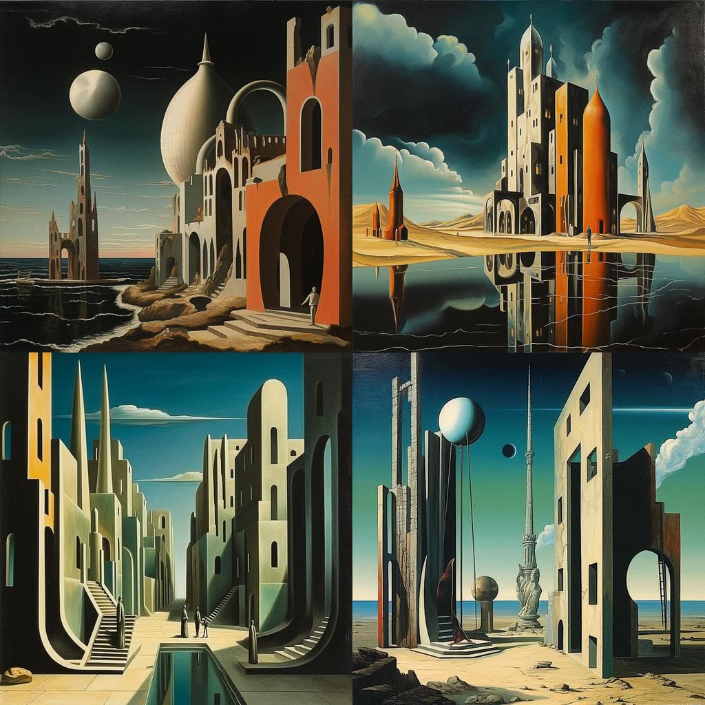Giorgio de Chirico style, Midjourney V5.2, render 1 of 4