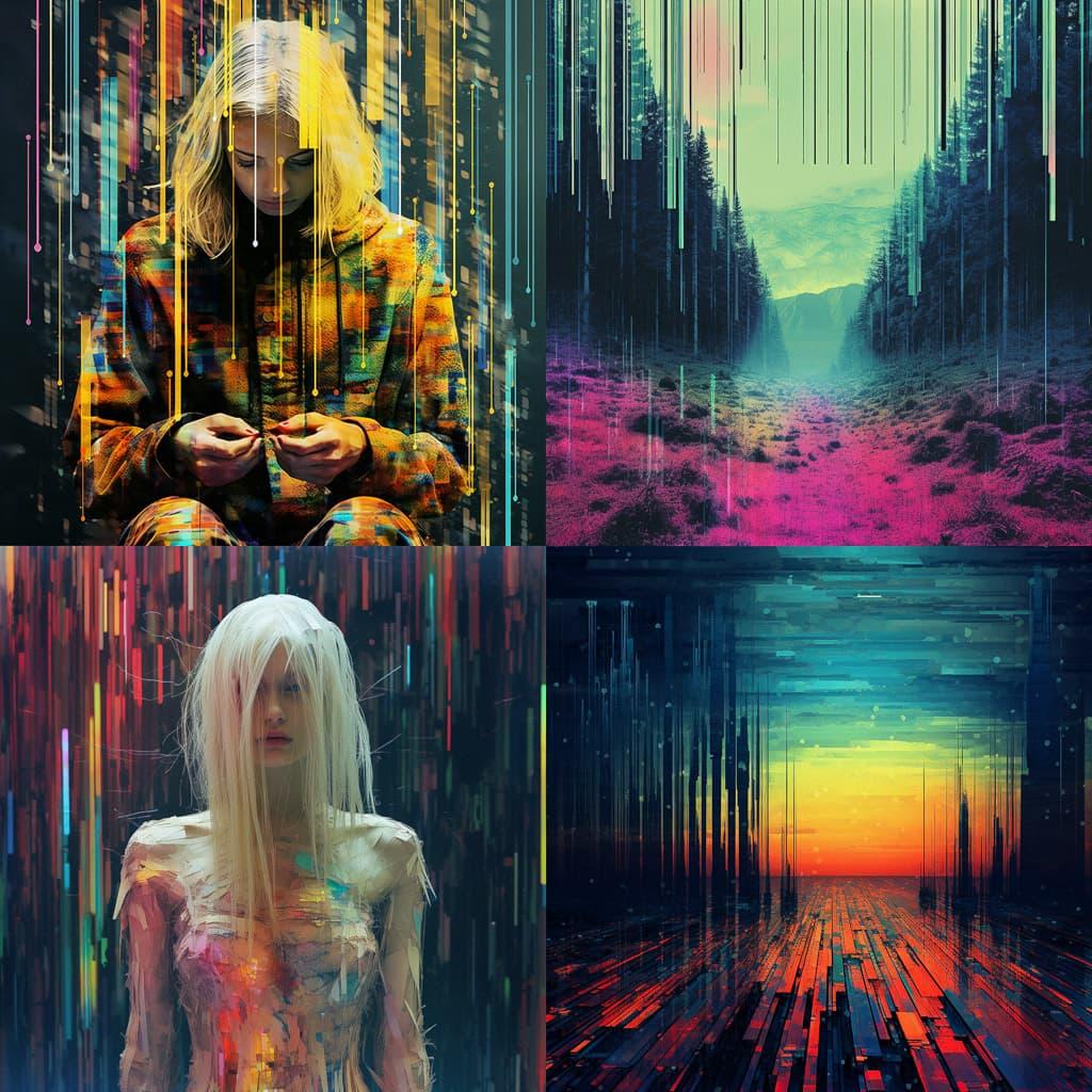 Glitch art style, Midjourney V5.2, render 1 of 4