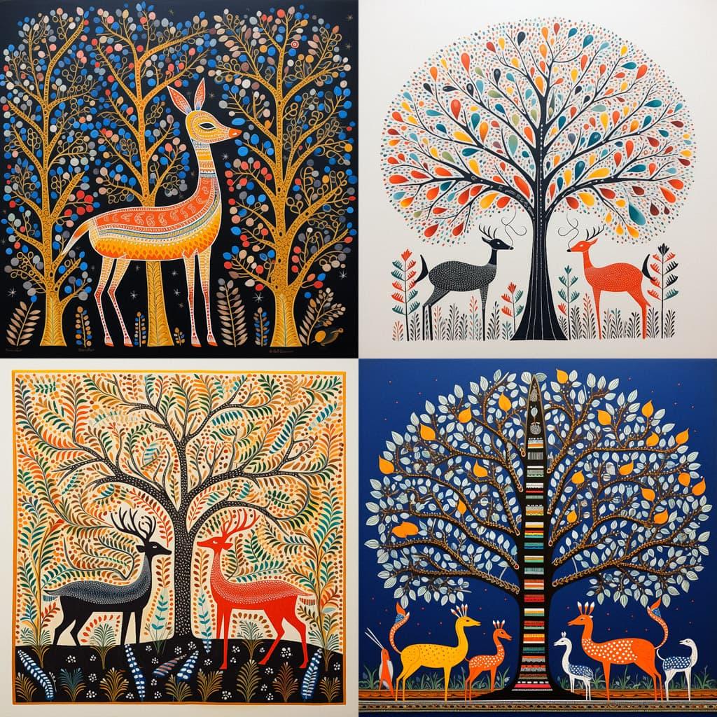 Gond painting style, Midjourney V5.2, render 1 of 4
