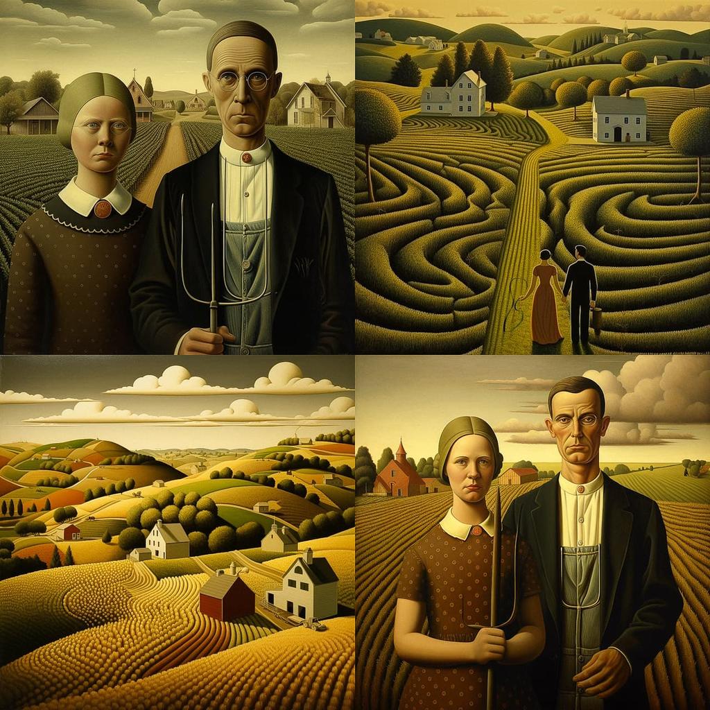 Grant Wood style, Midjourney V5.2, render 1 of 4
