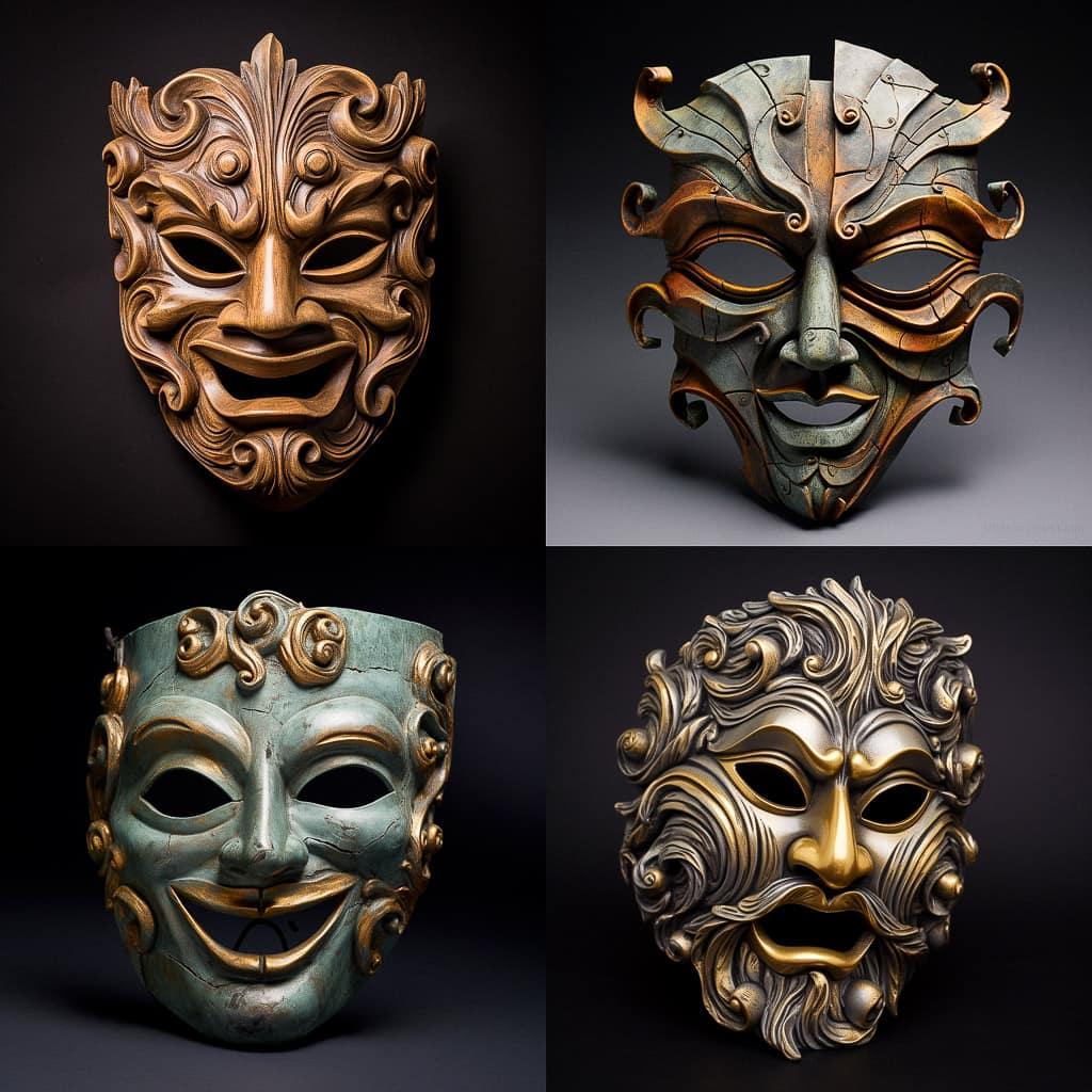 Greek Theatre mask style, Midjourney V5.2, render 1 of 4