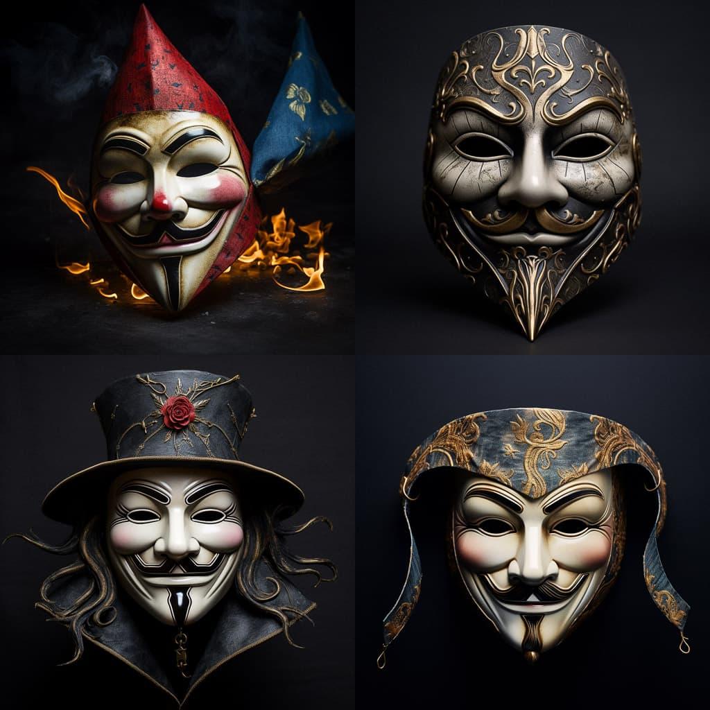 Guy Fawkes mask style, Midjourney V5.2, render 1 of 4