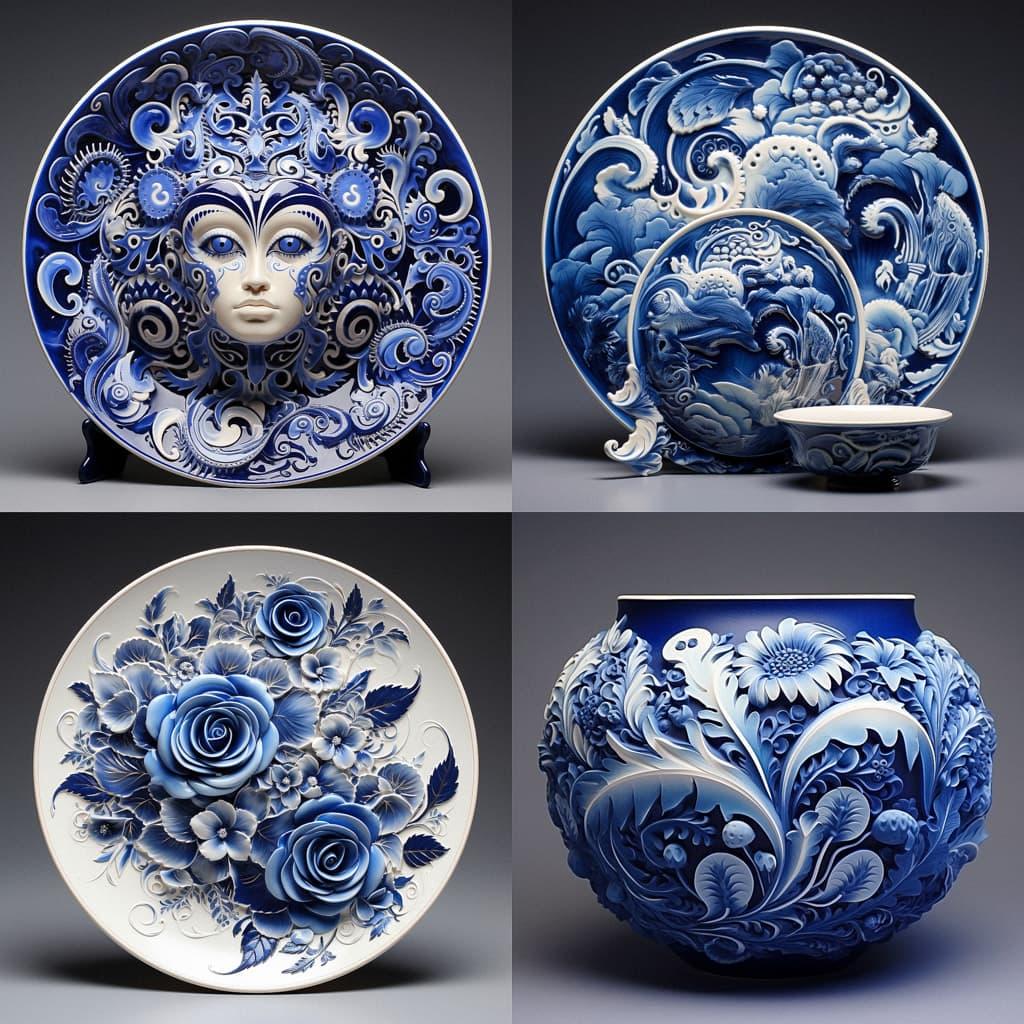 Gzhel ceramic style, Midjourney V5.2, render 1 of 4