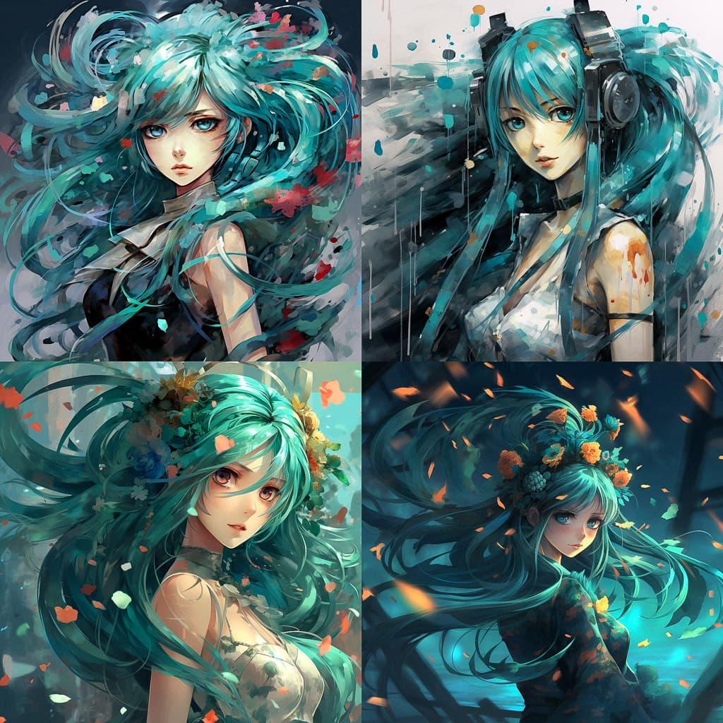 Hatsune Miku style, Midjourney V5.2, render 1 of 4
