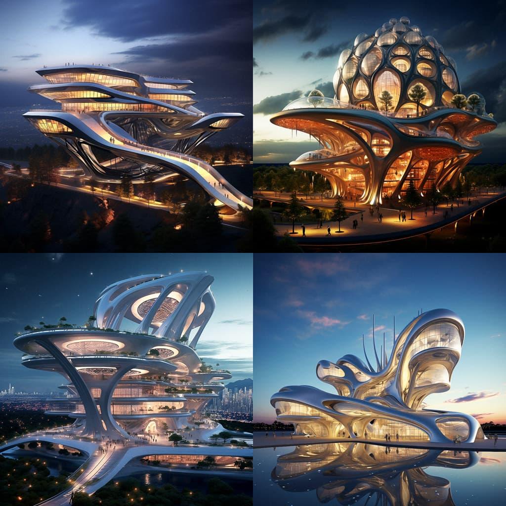 High-tech architecture style, Midjourney V5.2, render 1 of 4
