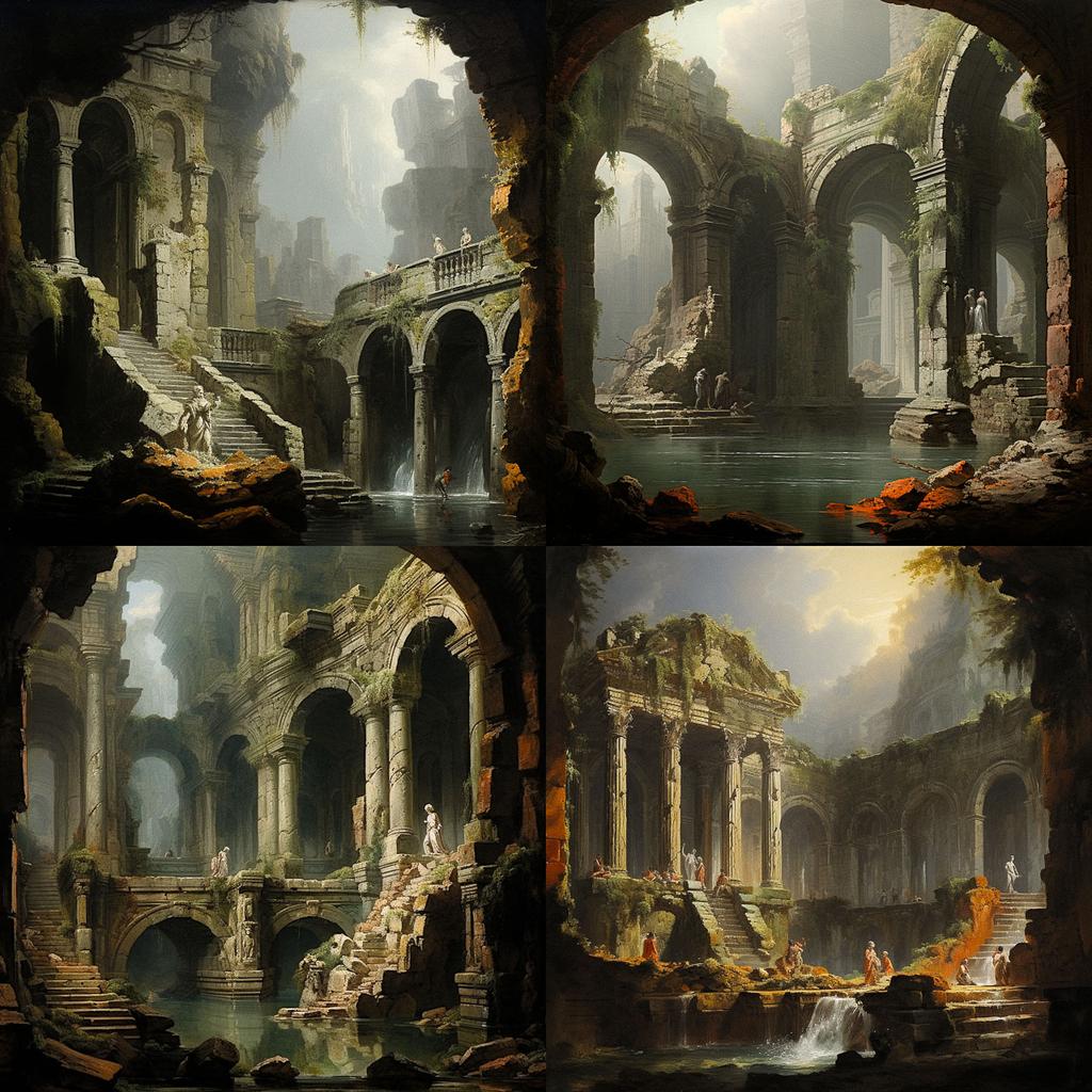 Hubert Robert style, Midjourney V5.2, render 1 of 4