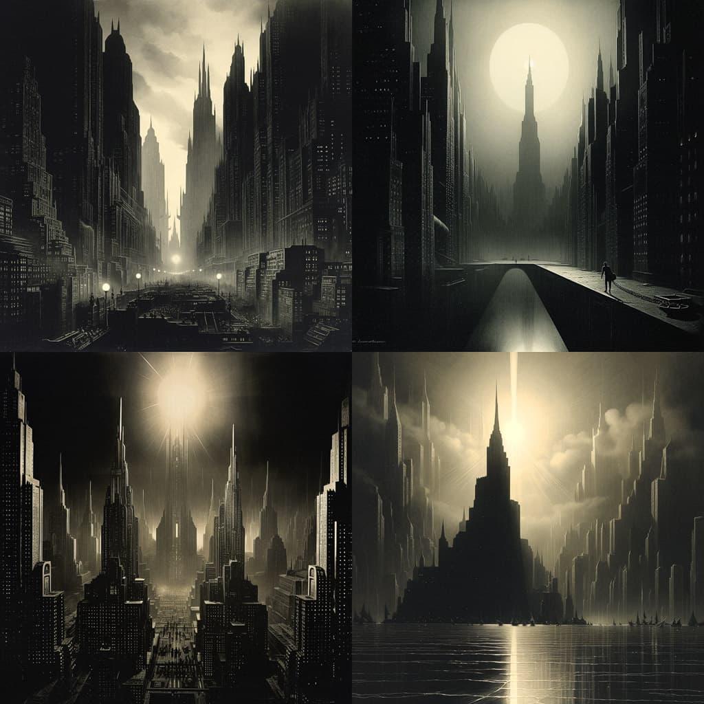 Hugh Ferriss style, Midjourney V5.2, render 1 of 4