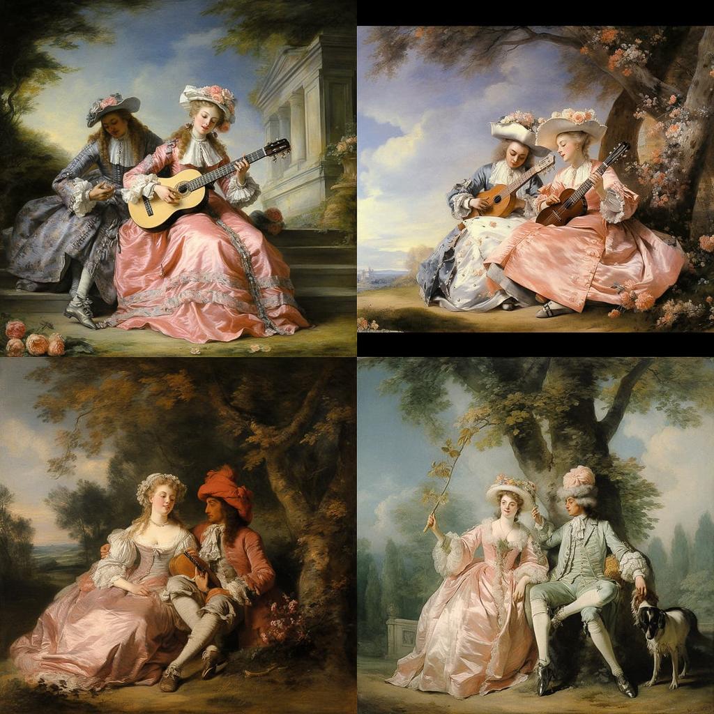 Jean-Antoine Watteau style, Midjourney V5.2, render 1 of 4