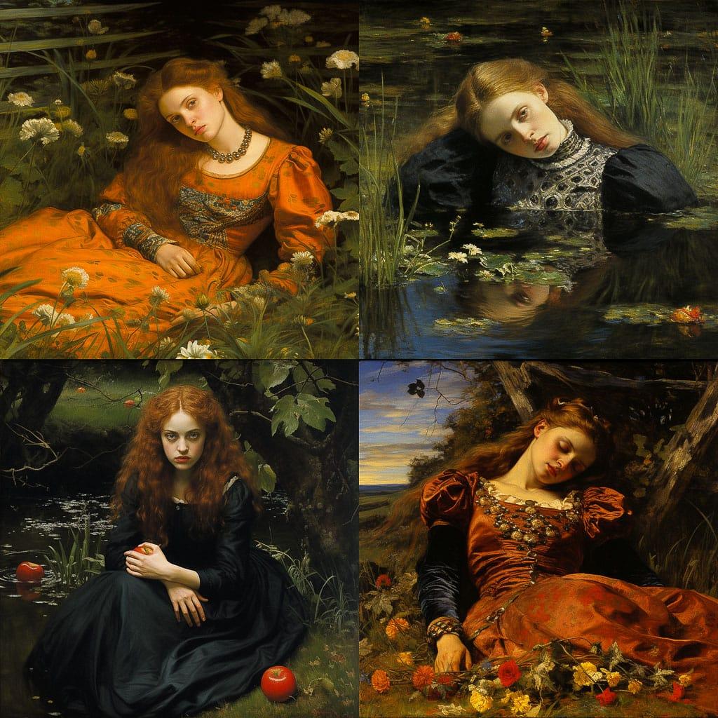 John Everett Millais style, Midjourney V5.2, render 1 of 4