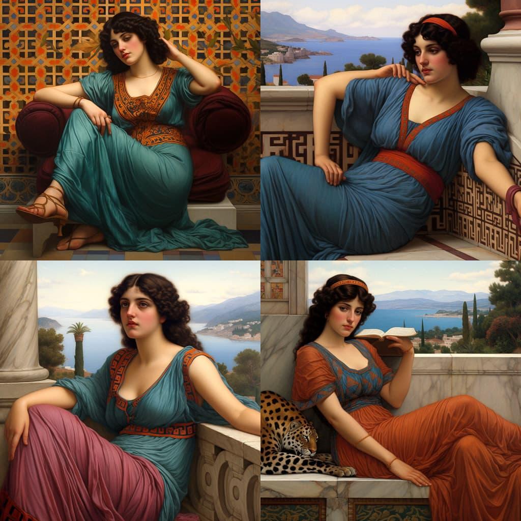 John William Godward style, Midjourney V5.2, render 1 of 4