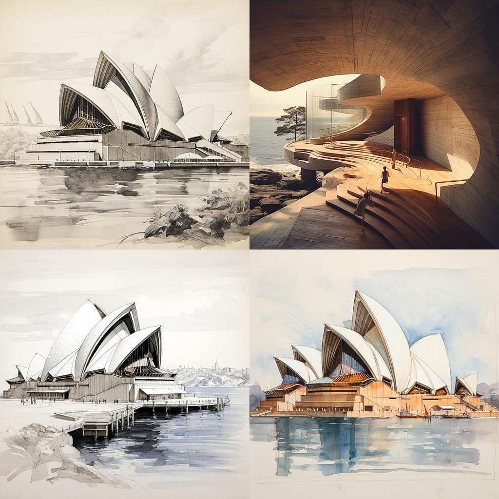 Jorn Utzon style, Midjourney V5.2, render 1 of 4