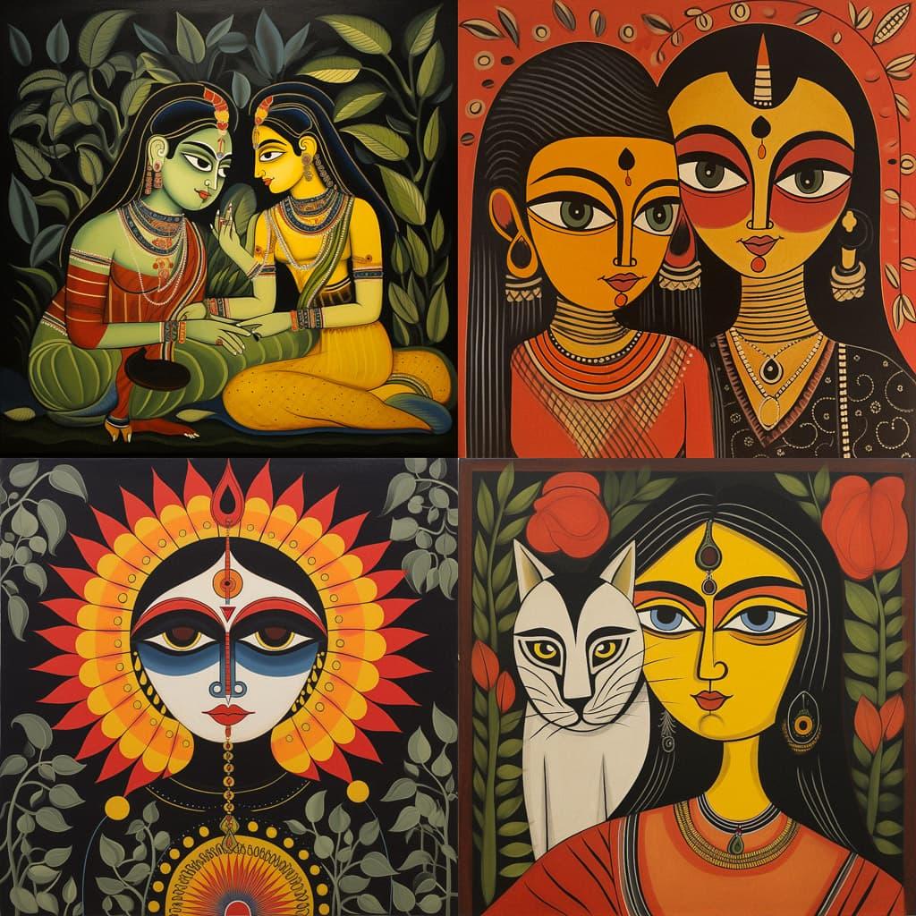 Kalighat painting style, Midjourney V5.2, render 1 of 4